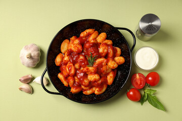 Concept of tasty food with potato gnocchi, top view