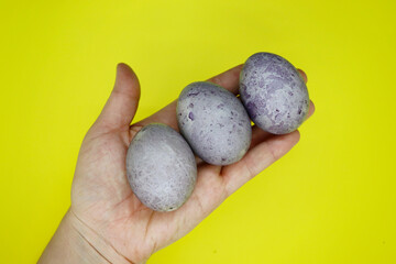 Purple Easter eggs in the palm of your hand