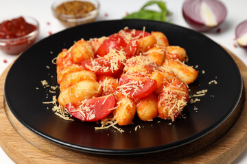 Concept of tasty food with potato gnocchi, close up