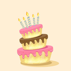 Birthday cake with chocolate creme and candles. Sweet dessert food for holiday celebration or children party. Vector illustration.