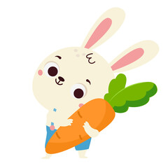 Cute rabbit with carrot. Cartoon hare. Bunny animal character for kids and children