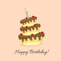Cartoon birthday party cake. Sweet baked cake, colourful and celebration cake. Birthdays holiday dessert, anniversary cake decoration. Isolated vector illustration.