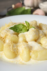 Concept of tasty food with potato gnocchi, close up