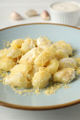 Concept of tasty food with potato gnocchi, close up