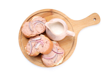 Concept of tasty food with pate sandwiches isolated on white background