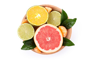 Fototapeta na wymiar Bowl with citrus fruits isolated on white background