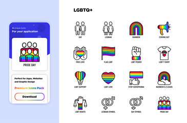 LGBTQ+ thin line icons set: gay, lesbian, rainbow, coming out, free love, flag, support, stop homophobia, LGBTQ+ rights, pride day. Modern vector illustration.