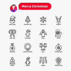 Christmas thin line icons set: Santa Claus, snowflake, reindeer, wreath, bells, decoration, candy cane, polar bear in hat, angel, mitten, candle, penguin, garland. Modern vector illustration.