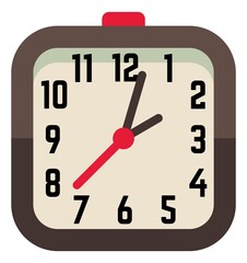 Alarm time device with square clock face. Flat icon