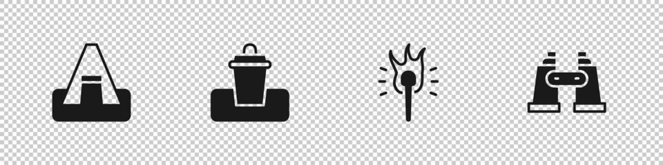Set Tourist tent, Trash can, Torch flame and Binoculars icon. Vector