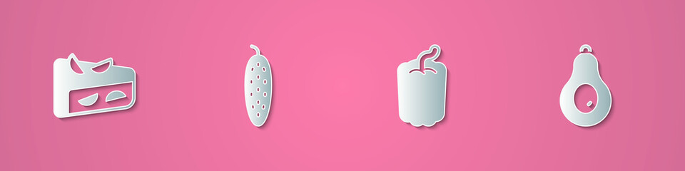 Set paper cut Homemade fruit pie, Cucumber, Bell pepper and Avocado icon. Paper art style. Vector