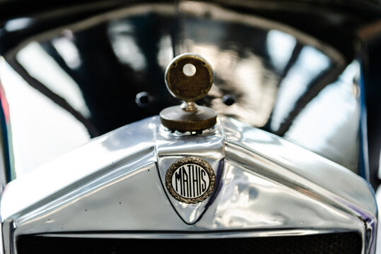 Moscow. Russia. February 2020. Exhibition of retro cars. Old Mathis Type MY model from 1927. Hood with logo.