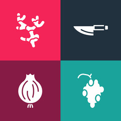 Set pop art Grape fruit, Garlic, Knife and Ginger root icon. Vector