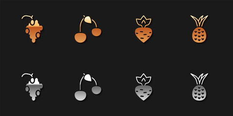 Set Grape fruit, Cherry, Turnip and Pineapple icon. Vector