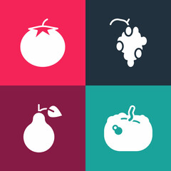 Set pop art Pumpkin, Pear, Grape fruit and Tomato icon. Vector