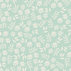 Cute little flowers seamless pattern. White flowers on a gray floral background. Botanical vector illustration. Liberty style. Garden plants are repetitive.