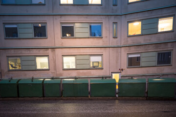 Stockholm, Sweden Recycling bins lined up on on Hogbergsgatan on Sodermalm.