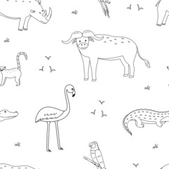 Seamless pattern with cute cartoon animals of Africa. Vector illustration background, wallpaper african buffalo parrot macaw rhinoceros crocodile flamingos lemur.