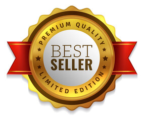 Best seller badge on red ribbon. Golden quality label