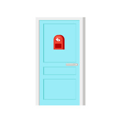 Door and Red mailbox with letter. Empty wall, place for text. Entrance to the apartment or house. Delivery service. Design in flat style.