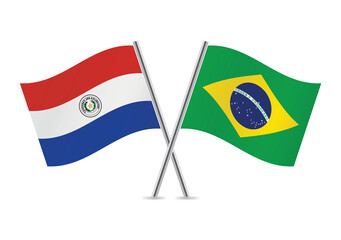 Paraguay and Brazil crossed flags. Paraguayan and Brazilian flags, isolated on white background. Vector icon set. Vector illustration.