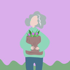 Grey hair woman with groceries 