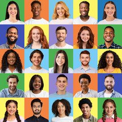 Collage of multiracial men and women portraits showing happy emotions on colorful backgrounds. Multiethnic society
