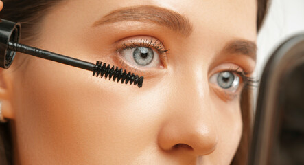 Close up photo woman with blue eyes using mascara. Studio shot.
