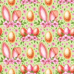 Watercolor pattern with Easter eggs, rabbit ears, flowers