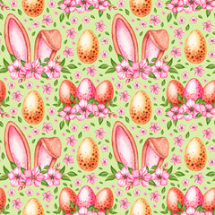 Watercolor pattern with Easter eggs, rabbit ears, flowers