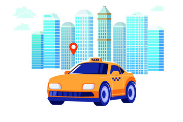 Poster with the machine yellow cab in the city. Public taxi service concept. Cityscape on the background. Flat vector illustration.