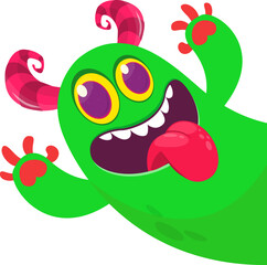 Naklejka premium Funny cartoon smiling monster character. Illustration of cute and happy alien creature. Halloween design. Vector