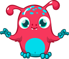 Funny cartoon smiling monster character. Illustration of cute and happy alien creature. Halloween design. Vector