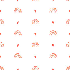 Seamless pattern with simple rainbows and hearts. The simple minimalistic background is perfect for wrapping paper, children's textiles. Vector isolated on a white background.