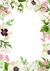 Greeting or invitation card with white poppy and lily of the valley flowers, small pink flowers, and green leaves. Vector card design