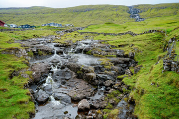 Gjogv village and a small river in Eysturoy island, Faroe Islands, Denmark.