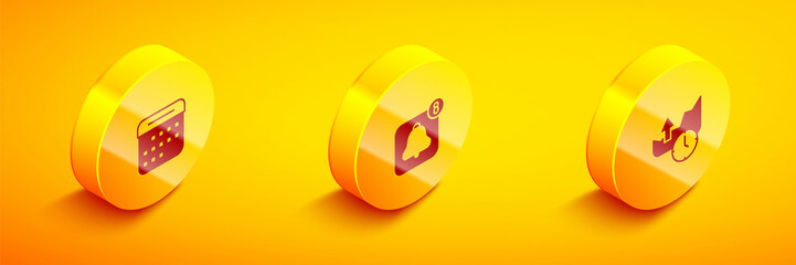 Set Isometric Calendar, Alarm clock app mobile and Stocks market growth graphs icon. Vector