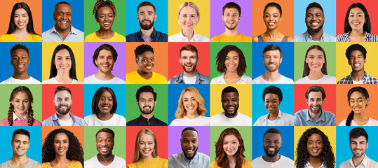 Multicultural community concept. Collage of smiling diverse people headshots over bright studio backgrounds, banner