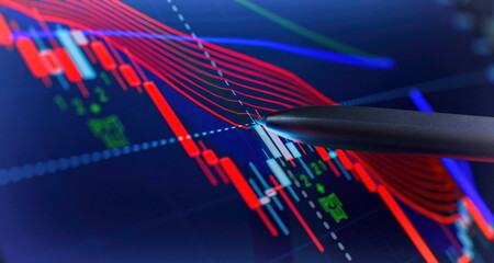Price chart and pen indicator on screen, red and green candlestick chart on blue screen theme,...