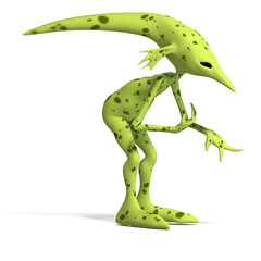 3D-illustration of a cute and funny cartoon alien luring