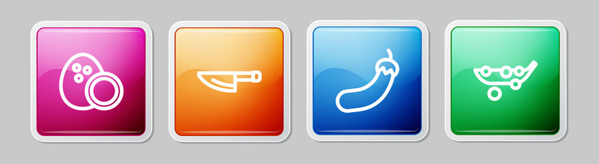 Set line Coconut, Knife, Eggplant and Peas. Colorful square button. Vector