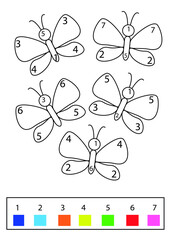 Exercises "Coloring by numbers". Butterflies.. Coloring book. Educational puzzle game for kids. Cartoon vector illustration
