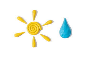 Yellow plasticine modeling clay finger textured sun and blue water drop with shadow isolated on white background. Top view, copy space.