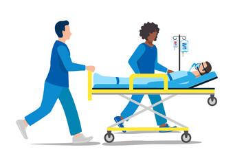 Two paramedics are assisting a patient. The patient is connected to a ventilator. Thank you doctors and nurses. Urgent hospitalization. Vector illustration.