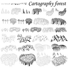 Cartography. Elements for creating maps fantasy or games. Wood and mountains with forests. Black and white hand drawn set. © KyivnataliS