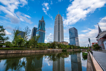 The city's modern commercial buildings by the river