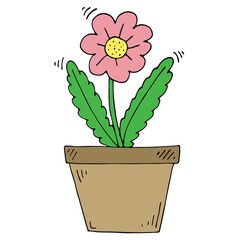 Pink flower in a pot. Vector doodle spring illustration.