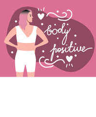 Obraz na płótnie Canvas Lettering with body positive text, attractive young woman with anarexia, flat vector stock illustration Concept diversity of beauty