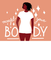 Afro persona and lettering accept your body, attractive woman, flat vector stock illustration with woman with black skin