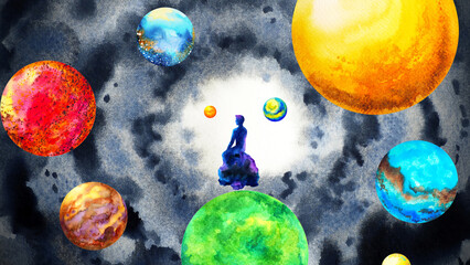 Fototapeta na wymiar human meditation spiritual mind mental abstract universe healing watercolor painting illustration design